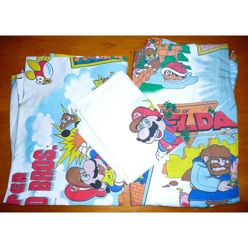 Vintage Nintendo Super Mario + Legend of Zelda Twin Sheet set Pillowcase 1988